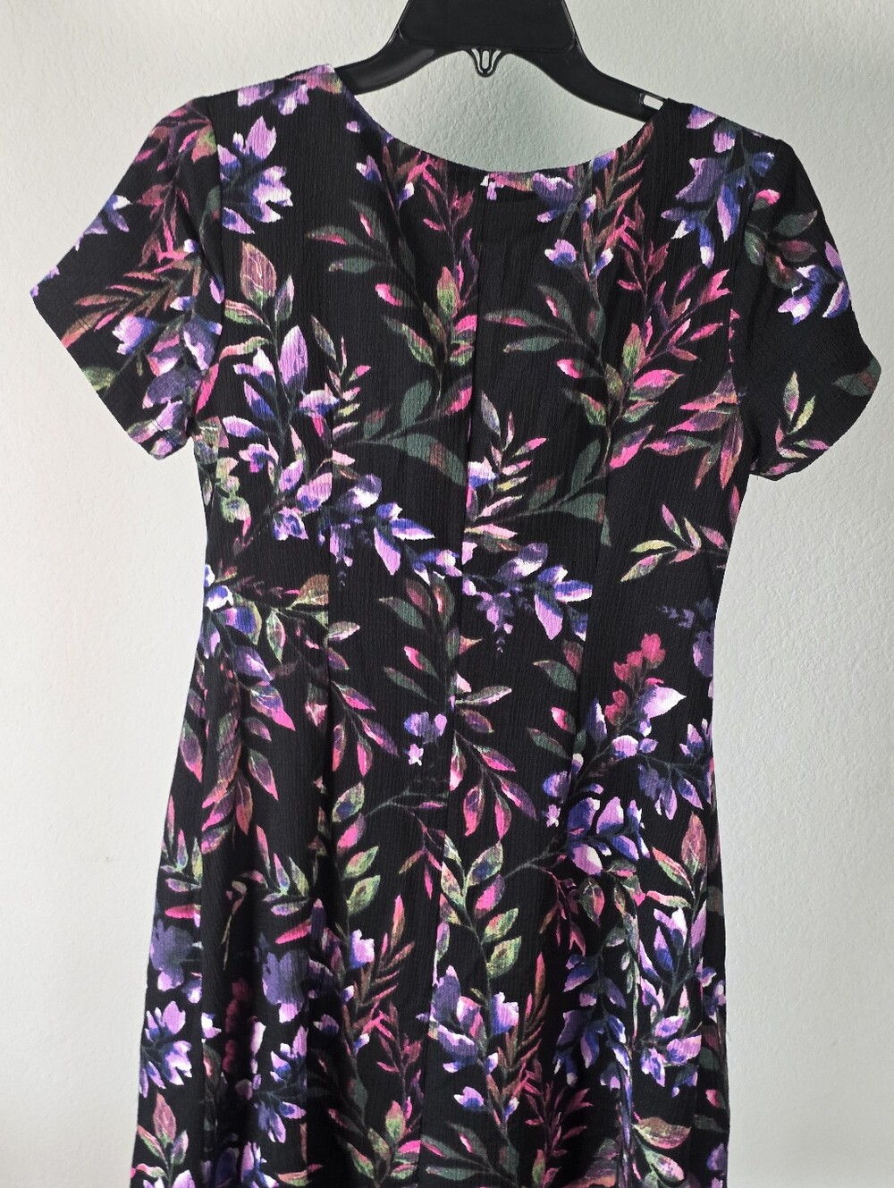 Connected Apparel Size 6 Black Floral Fit Flare A-Line Midi Dress Pink Purple - Picture 8 of 9